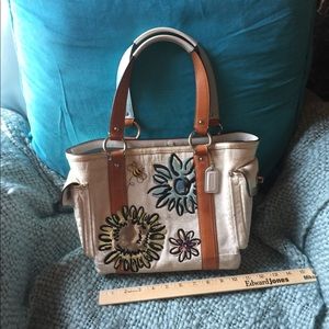 Floral and bee embroidered Coach handbag